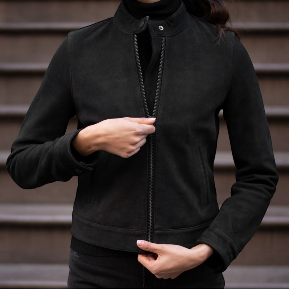 NWT Thursday Boot Company Women's Matte Black Lamb Leather Racer Jacket Medium - Picture 2 of 16